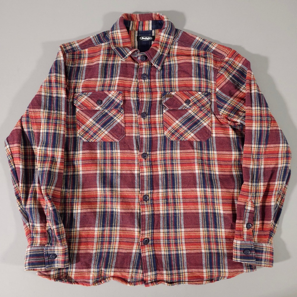 Buffalo Jeans Flannel Shirt Mens Large Red Plaid Cotton Button Down Pockets